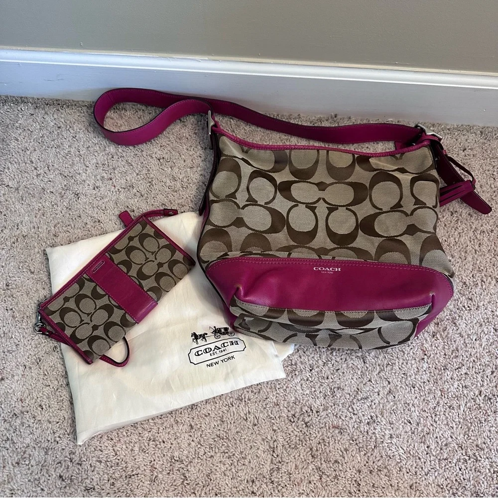 Coach tan and pink shoulder style bag with matching wallet wristlet